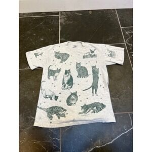 Vintage 90s Relevant Products All Over Print Cat T-Shirt Gray Mens Large AOP Tee